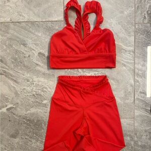 aerie Red Ruffled Strappy Sports Bra and High-Waist Leggings Set